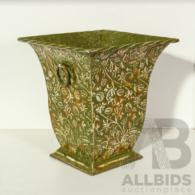 Decorative Green Metal Planter with Ornate Floral Design