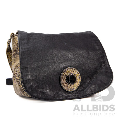 Black Pebbled Leather and Snakeskin Shoulder Bag - by Oroton