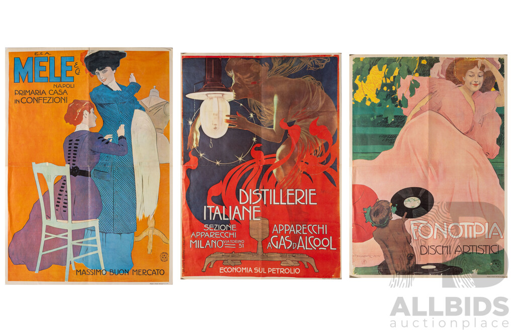 Distillerie Italiane, Fonotipia Dischi Artistici & Mele & Ci: Napoli - Absolutely Wonderful Trio of Colour Vintage Art Nouveau Italian Advertisement Reproduction Chromlithographs, 65 x 46 cm (dimensions unframed) (3)