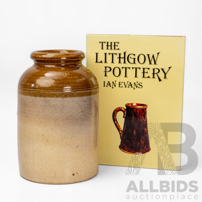 Late 19th Century Lithgow Pottery Stoneware Bung Jar and Reference Book Signed by Ian Evans