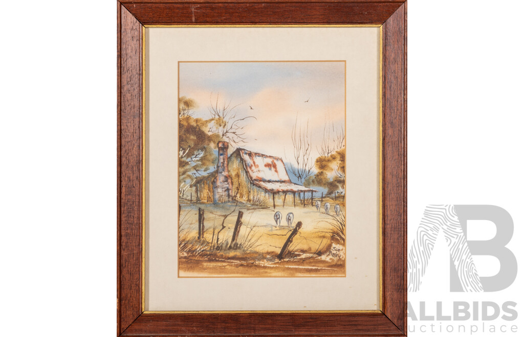 Sue Bailey (20th Century), Lone Cottage, Original Vintage Watercolour, 35 x 30 cm (frame) & Artist Unknown, (20th Century), Farmyard, Colour Vintage Reproduction Print, 27 x 34 cm (frame) (2)