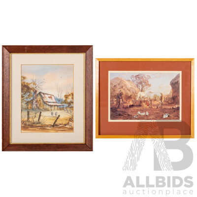 Sue Bailey (20th Century), Lone Cottage, Original Vintage Watercolour, 35 x 30 cm (frame) & Artist Unknown, (20th Century), Farmyard, Colour Vintage Reproduction Print, 27 x 34 cm (frame) (2)