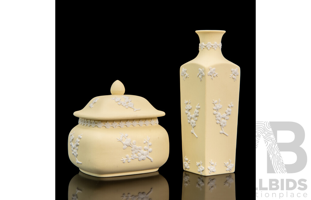 Wedgwood Primrose Yellow Jasperware Trinket Box and Single Stem Vase