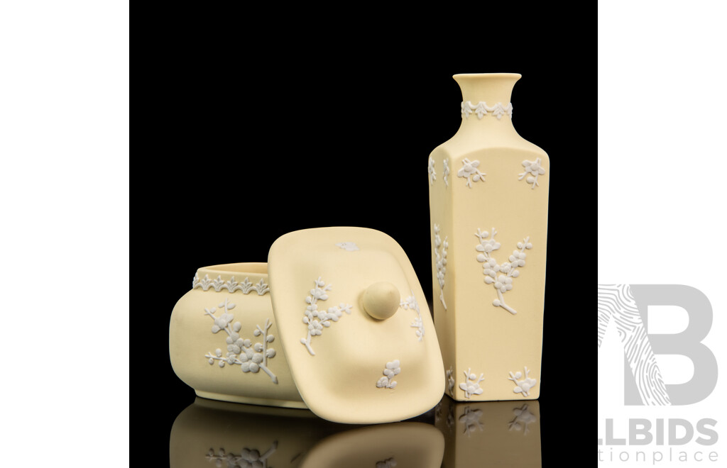 Wedgwood Primrose Yellow Jasperware Trinket Box and Single Stem Vase