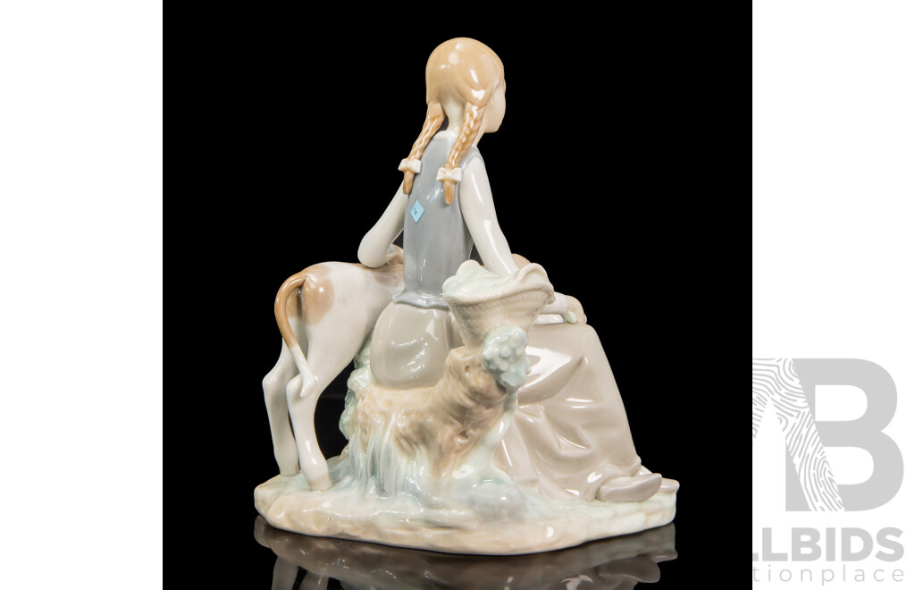 Lladro Girl with Calf Porcelain Figure