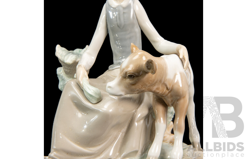Lladro Girl with Calf Porcelain Figure