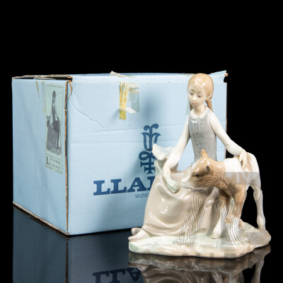 Lladro Girl with Calf Porcelain Figure