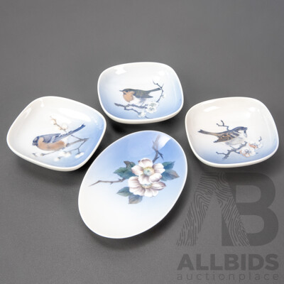 Collection of Three Danish Royal Copenhagen Bird Themed Pin Dishes and a Floral Example