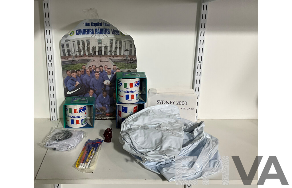 Collection of Sporting Goods Including Four 2003 Rugby World Cup Inflatable Footballs, Two Boxed Mugs, Boxed Sydney 2000 Mug and Pen Set, Twenty Five Olympic Poster Cards, 1996 Canberra Raiders Poster
