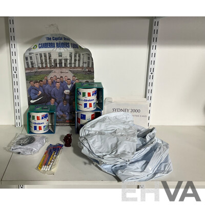 Collection of Sporting Goods Including Four 2003 Rugby World Cup Inflatable Footballs, Two Boxed Mugs, Boxed Sydney 2000 Mug and Pen Set, Twenty Five Olympic Poster Cards, 1996 Canberra Raiders Poster
