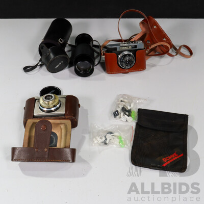 Vintage Cameras and Lens Including Ilford Sporti, Cosmic 35, Osawa Lens