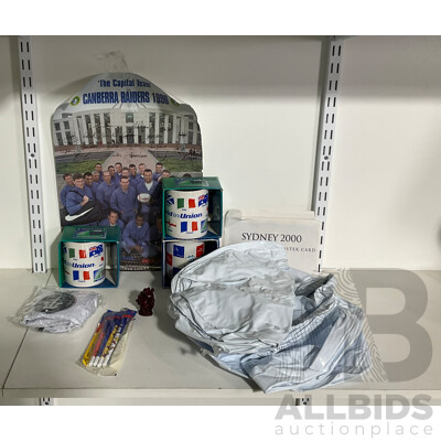 Collection of Sporting Goods Including Four 2003 Rugby World Cup Inflatable Footballs, Two Boxed Mugs, Boxed Sydney 2000 Mug and Pen Set, Twenty Five Olympic Poster Cards, 1996 Canberra Raiders Poster