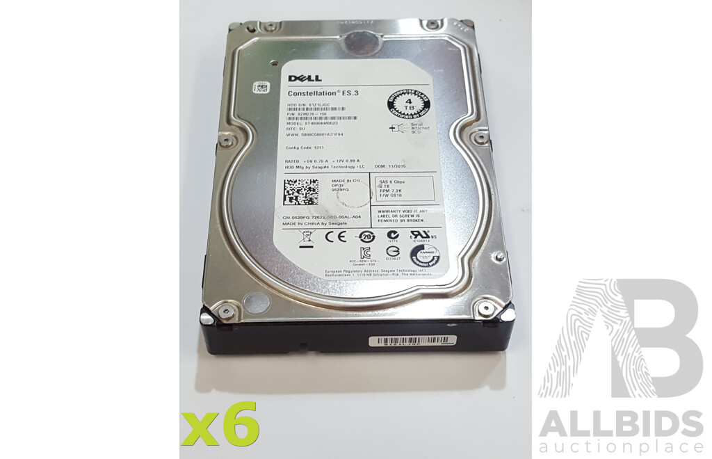 Dell (ST4000NM0023) Constellation ES.3 4TB 7.2K SAS 6Gbps 3.5-Inch Hard Drive - Lot of Six