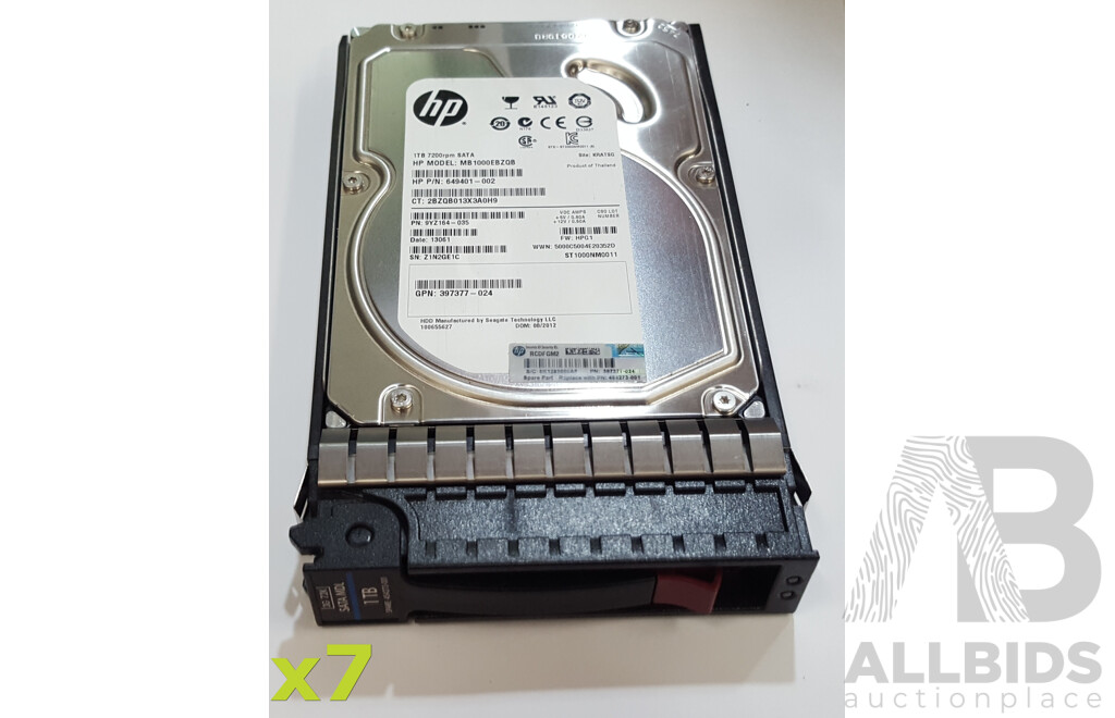 HP 1TB 7.2K SATA 3Gbps 3.5-Inch Hard Drive - Lot of Seven