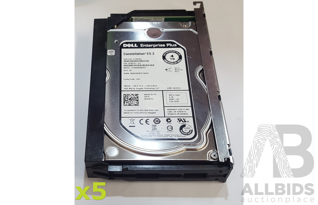 Dell Enterprise Plus (ST4000NM0023) Constellation ES.3 4TB 7.2K SAS 6Gbps 3.5-Inch Hard Drive - Lot of Five