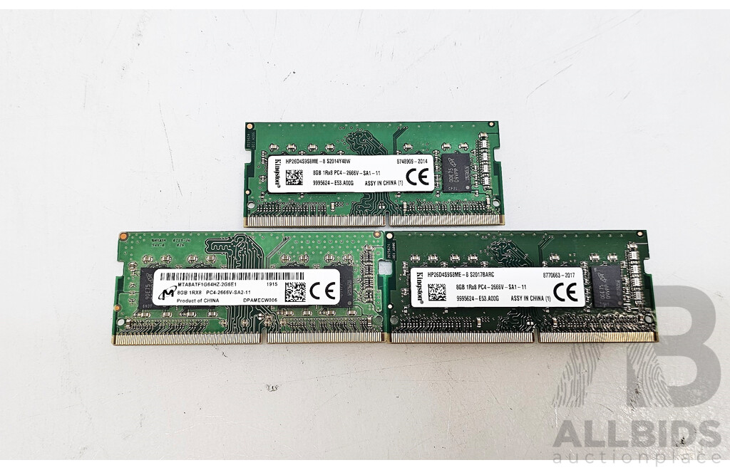 Kingston 8GB DDR4 2666V SO-DIMM RAM - Lot of Three