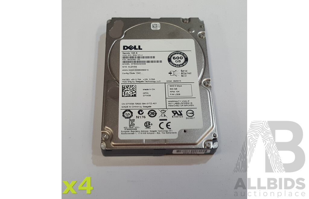 Dell Savvio 600GB 10K SAS 6Gbps 2.5-Inch Hard Drive - Lot of Four