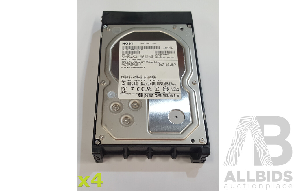 HGST (HUA723020ALA640) 2TB 7.2K SATA 6Gbps 3.5-Inch Hard Drive - Lot of Four