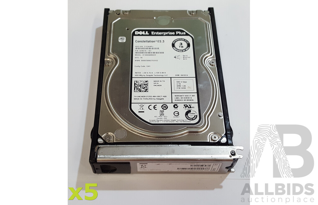 1664051 · Dell Enterprise Plus Constellation ES.3 3TB SAS 6Gbps 7.2K 3.5-Inch Hard Drive - Lot of Five