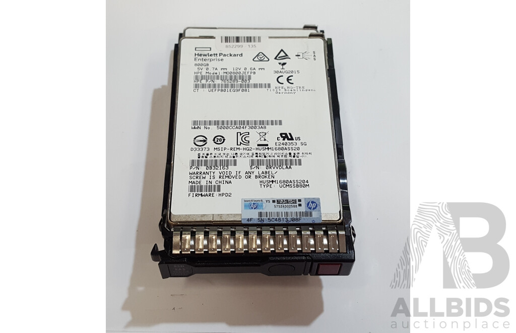 1662812 · HP Enterprise (MO0800JEFPB) 800GB SAS 2.5-Inch Solid State Drive - Lot of Two