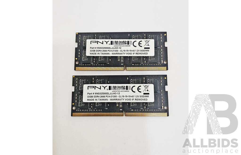 PNY 32GB DDR4 2666V SODIMM RAM - Lot of Two