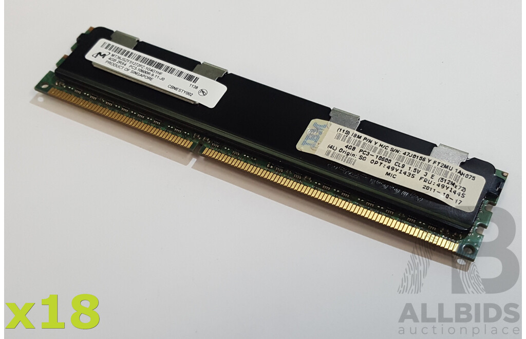 Micron 4GB ECC DDR3 10600R RDIMM RAM - Lot of 18