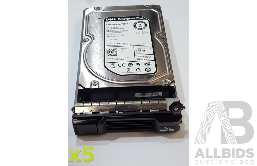 Dell Enterprise Plus (ST33000650SS) Constellation ES.2 3TB 7.2K SAS 6Gbps 3.5-Inch Hard Drive - Lot of Five