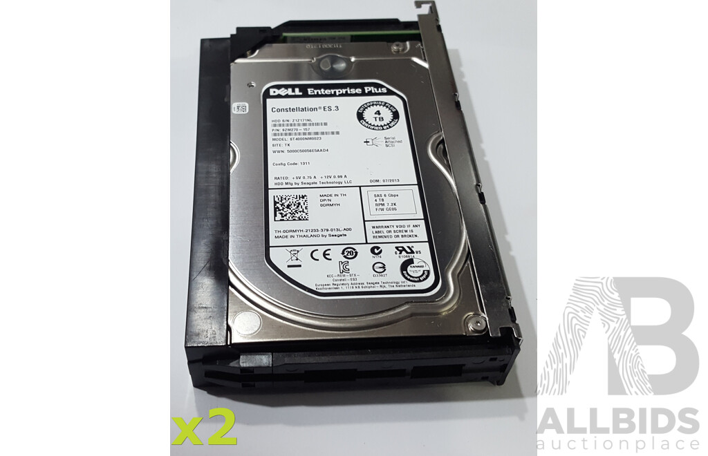 Dell Enterprise Plus (ST4000NM0023) Constellation ES.3 4TB 7.2K SAS 6Gbps 3.5-Inch Hard Drive - Lot of Two