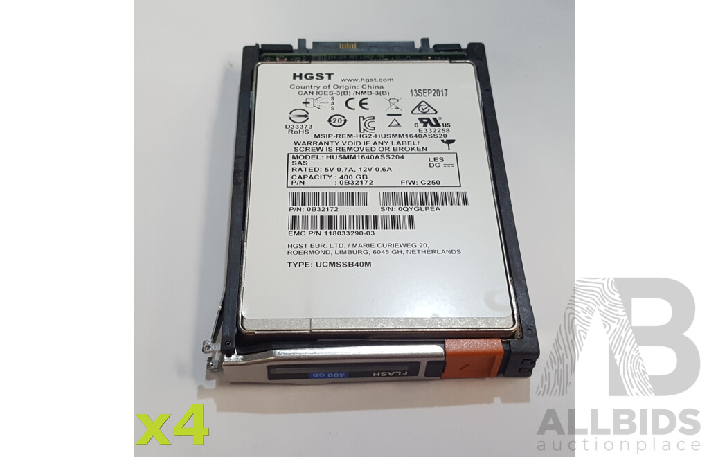 HGST (HUSMM1640ASS204) 400GB SAS 12Gbps 2.5-Inch Solid State Drive - Lot of Four
