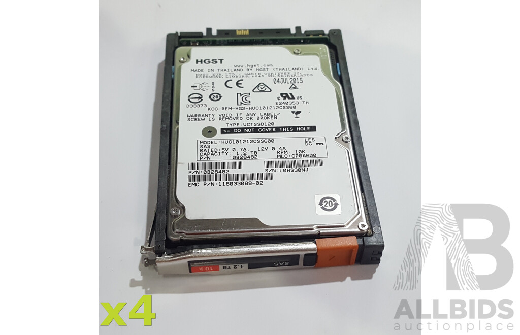 HGST (HUC101212CSS600) 1.2TB 10K SAS 6Gbps 2.5-Inch Hard Drive - Lot of Four