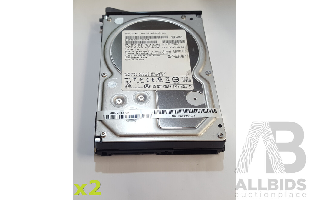 Hitachi (HUA722020ALA330) 2TB 7.2K SATA 3Gbps 3.5-Inch Hard Drive - Lot of Two