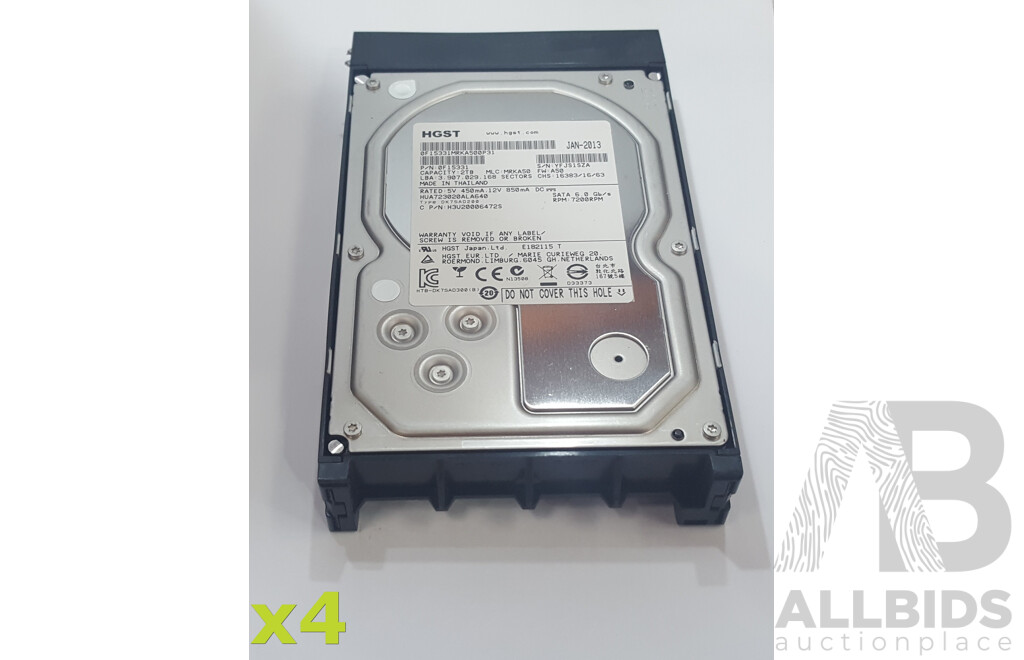 HGST (HUA723020ALA640) 2TB 7.2K SATA 6Gbps 3.5-Inch Hard Drive - Lot of Four