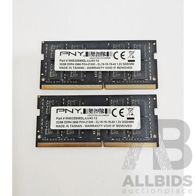 PNY 32GB DDR4 2666V SODIMM RAM - Lot of Two