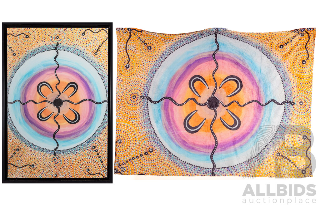 Trish Whitburn (20th Century, Indigenous-Australian), Woman's Aura (2022), Wonderful Original Acrylic on Canvas, 56 x 81 cm (frame) & Fleece Blanket 150 x 207 cm (2)