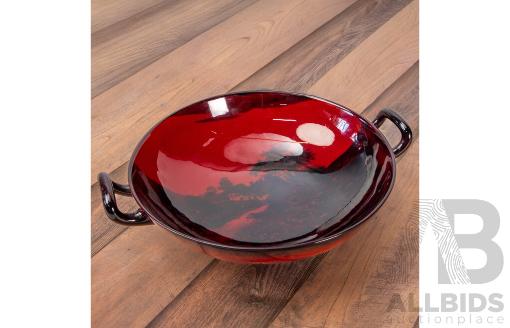 Large Royal Doulton Flambe Bowl with Twin Handles and Landscape Motif
