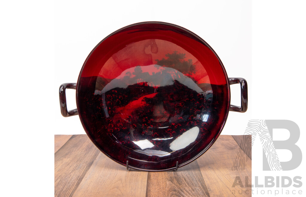 Large Royal Doulton Flambe Bowl with Twin Handles and Landscape Motif