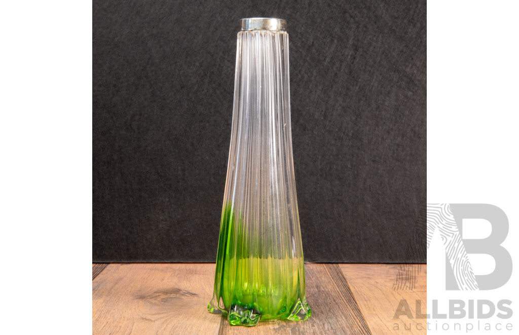 Vintage Green and Clear Glass Vase with Stamped Silver Collar