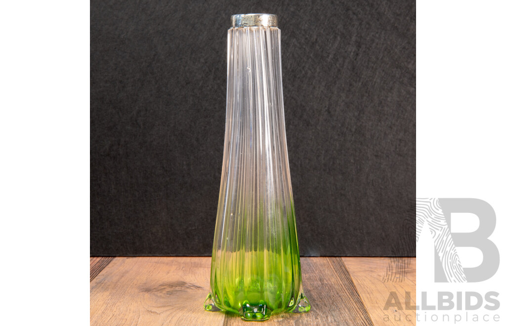 Vintage Green and Clear Glass Vase with Stamped Silver Collar