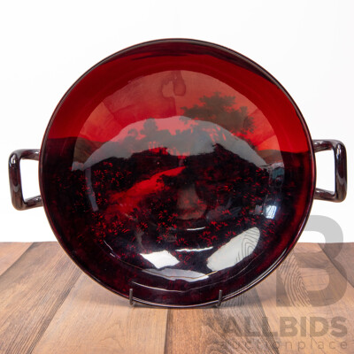 Large Royal Doulton Flambe Bowl with Twin Handles and Landscape Motif