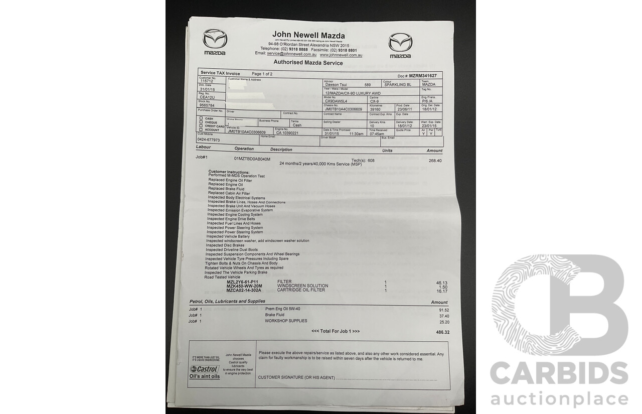 7/2011 Mazda CX-9 Luxury MY12 4d Wagon Sparkling Black Metallic 3.7L - 7 Seater