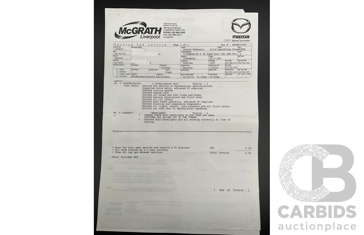 7/2011 Mazda CX-9 Luxury MY12 4d Wagon Sparkling Black Metallic 3.7L - 7 Seater