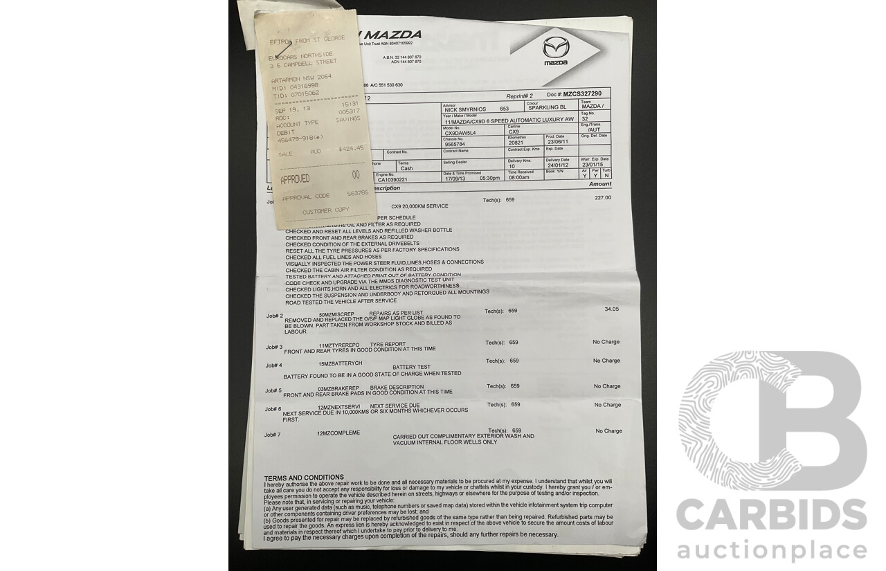 7/2011 Mazda CX-9 Luxury MY12 4d Wagon Sparkling Black Metallic 3.7L - 7 Seater