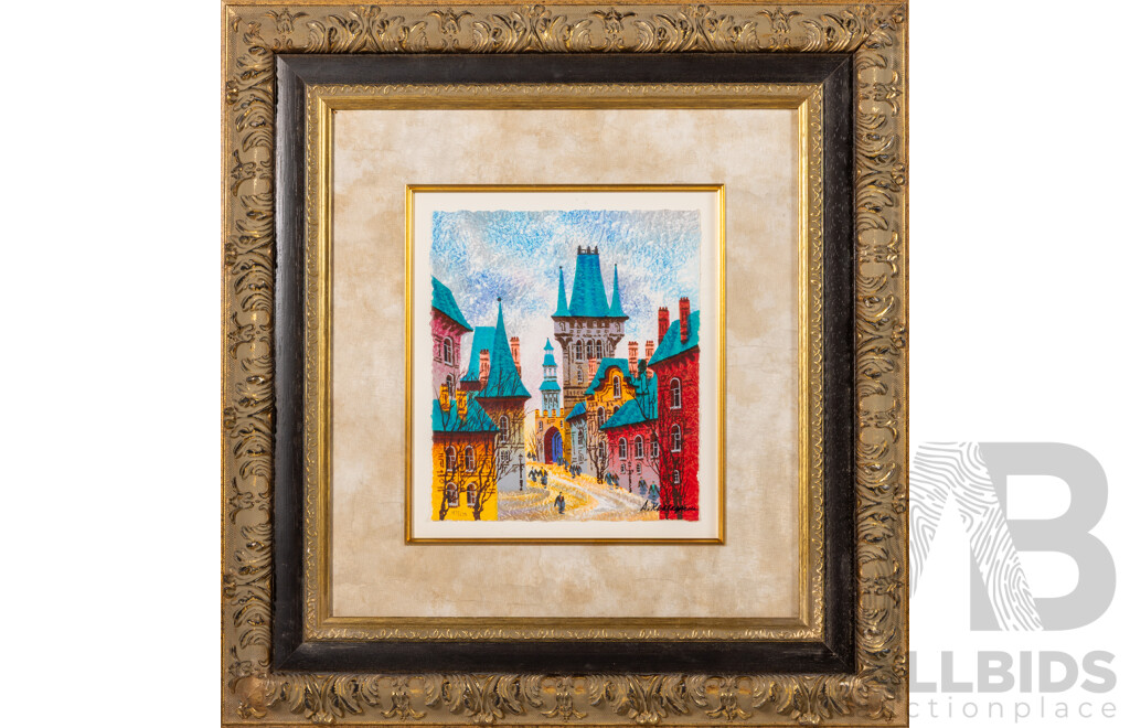 Anatole Krasnyansky, (20th Century, Ukranian-Born American, 1930-2023), Street of Old Prague at Sunset, Lovely Signed & Editioned Serigraph in Colour on Wove Paper, 57 x 54 cm (frame)