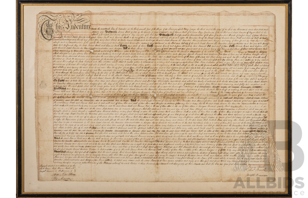 Wonderful Antique Indenture Between James & Thomas Booth and Joseph Dawson, Britain (1796), Ink and Paper, 57 x 79 cm (frame)