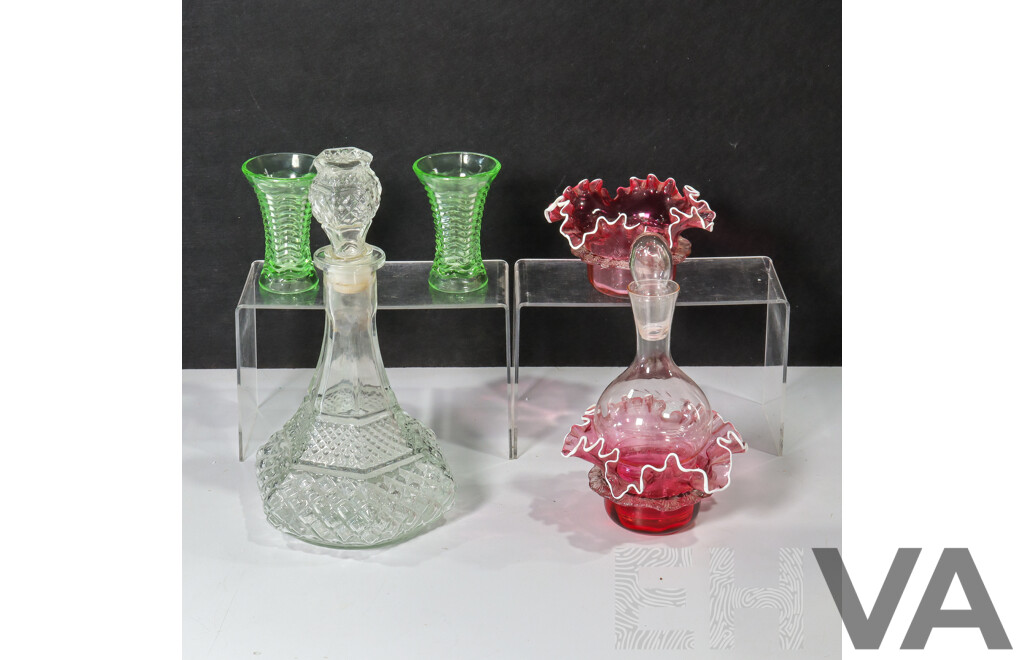 Collection of Multi-Colour Tinted Glassware Including Decanters, Vases, and Bowls