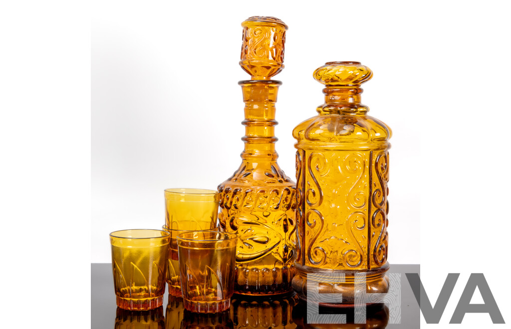 Vintage Jim Beam Amber GLass Decanter, Italian Amber Decanter and Four Amber Coloured Tumblers Marked Indonesia