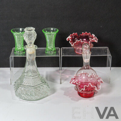 Collection of Multi-Colour Tinted Glassware Including Decanters, Vases, and Bowls