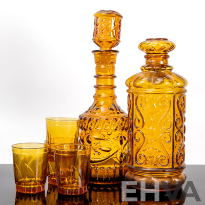 Vintage Jim Beam Amber GLass Decanter, Italian Amber Decanter and Four Amber Coloured Tumblers Marked Indonesia