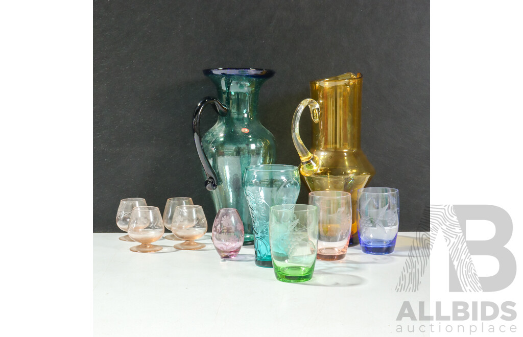 Pair of Coloured Glass Jugs with Various Etched Glasses
