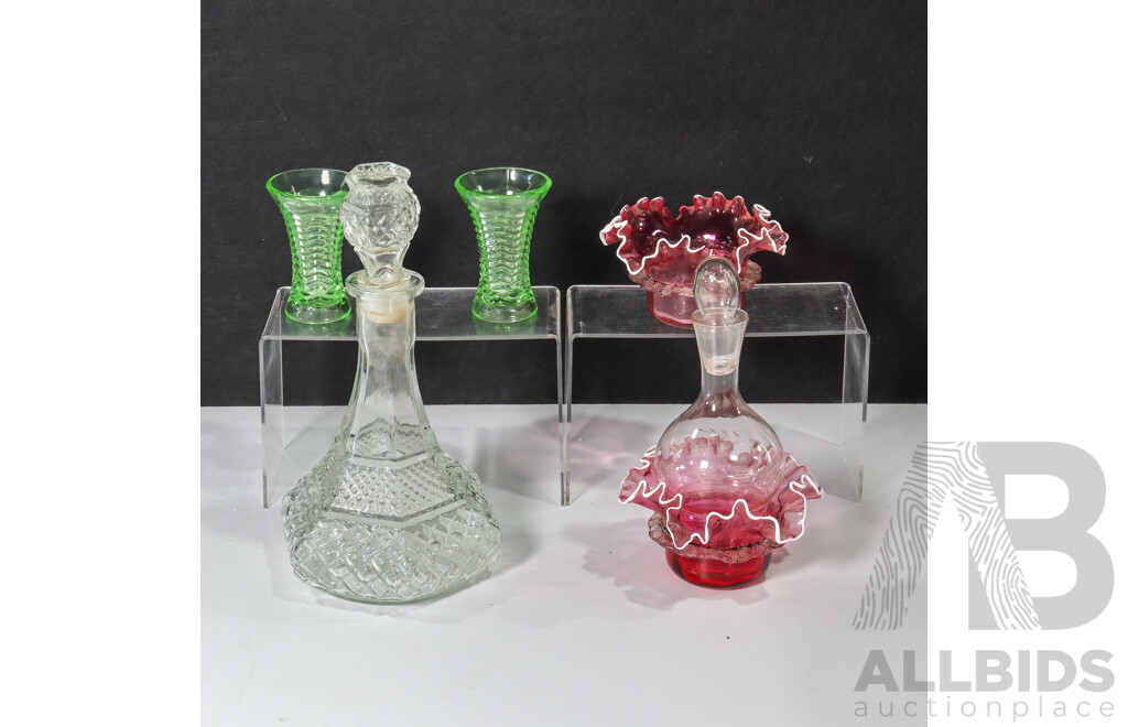 Collection of Multi-Colour Tinted Glassware Including Decanters, Vases, and Bowls
